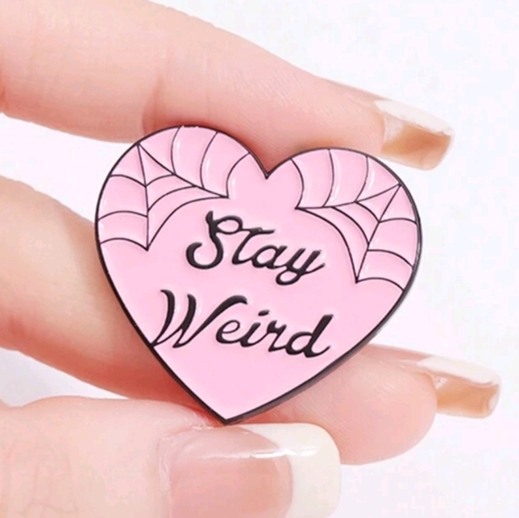 Fun Novelty Enamel Pin Stay Weird Pink Spider Web Goth - Picture 1 of 4